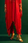 PRAHNAAYA_Red Satin Hand Embroidered Mirror V Neck Morrocon Kaftan And Pant Set _at_Aza_Fashions