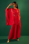 Buy_PRAHNAAYA_Red Satin Hand Embroidered Mirror Round Morrocon Tunic And Pant Set _at_Aza_Fashions