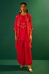 PRAHNAAYA_Red Satin Hand Embroidered Mirror Round Morrocon Tunic And Pant Set _Online_at_Aza_Fashions