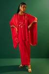 Buy_PRAHNAAYA_Red Satin Hand Embroidered Mirror Round Morrocon Tunic And Pant Set _Online_at_Aza_Fashions