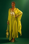 Buy_PRAHNAAYA_Green Satin Hand Embroidered Mirror V Neck Masai Kaftan And Skirt Set _at_Aza_Fashions