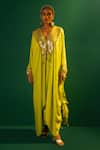 PRAHNAAYA_Green Satin Hand Embroidered Mirror V Neck Masai Kaftan And Skirt Set _Online_at_Aza_Fashions