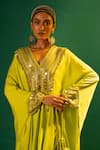 Shop_PRAHNAAYA_Green Satin Hand Embroidered Mirror V Neck Masai Kaftan And Skirt Set _Online_at_Aza_Fashions