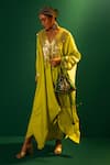 PRAHNAAYA_Green Satin Hand Embroidered Mirror V Neck Masai Kaftan And Skirt Set _at_Aza_Fashions