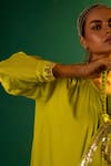 PRAHNAAYA_Green Satin Hand Embroidered Mirror Saasha Border Kurta And Palazzo Set _Online_at_Aza_Fashions
