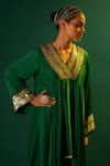 Shop_PRAHNAAYA_Green Satin Hand Embroidery Ariyana Placement Kurta With Harem Pant _Online_at_Aza_Fashions