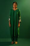 PRAHNAAYA_Green Satin Hand Embroidery Sequins V Tora Placement Kurta With Pant  _Online_at_Aza_Fashions