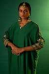 Shop_PRAHNAAYA_Green Satin Hand Embroidery Sequins V Tora Placement Kurta With Pant  _Online_at_Aza_Fashions