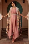 Buy_Nidhika Shekhar_Pink Lining Shantoon Printed Floral Butta Kurta V Neck Draped Set With Cape _at_Aza_Fashions