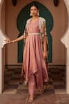 Nidhika Shekhar_Pink Lining Shantoon Printed Floral Butta Kurta V Neck Draped Set With Cape _at_Aza_Fashions