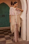 Buy_Nidhika Shekhar_Beige Organza Printed Paisley Round Draped Kurta And Flared Pant Set _at_Aza_Fashions