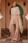 Nidhika Shekhar_Beige Organza Printed Paisley Round Draped Kurta And Flared Pant Set _Online_at_Aza_Fashions