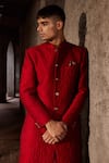 Buy_Nidhika Shekhar_Red Silk Floral Quilted Pattern Sherwani Set _Online_at_Aza_Fashions