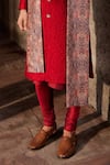 Nidhika Shekhar_Red Silk Floral Quilted Pattern Sherwani Set _at_Aza_Fashions