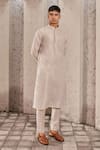 Buy_Nidhika Shekhar_Gold Tissue Plain Mandarin Collar Kurta Set _at_Aza_Fashions