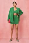 Shop_Label Frow_Green Banana Crepe Lapel Collar Pointed Blazer Skirt Set _at_Aza_Fashions