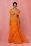 Buy_Label Frow_Orange Viscose Georgette Broad Scoop Frilled Crop Top Skirt Set _at_Aza_Fashions