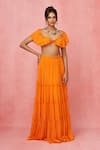 Shop_Label Frow_Orange Viscose Georgette Broad Scoop Frilled Crop Top Skirt Set _Online_at_Aza_Fashions