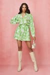 Buy_Label Frow_Green Crepe Collared V Sara Floral Print Shirt Skirt Set _at_Aza_Fashions