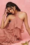 Buy_Label Frow_Pink Viscose Georgette Halter Layered Floor Length Gown_Online_at_Aza_Fashions