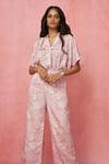 Label Frow_Pink Crepe Printed Floral V Neck Top Pant Set _Online_at_Aza_Fashions