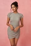 Label Frow_Grey Matte Lycra Round Draped Short Dress _Online_at_Aza_Fashions