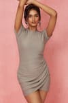 Buy_Label Frow_Grey Matte Lycra Round Draped Short Dress _Online_at_Aza_Fashions