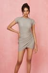 Label Frow_Grey Matte Lycra Round Draped Short Dress _at_Aza_Fashions