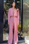 Buy_Label Frow_Pink Shimmer Polyester Lapel Collar Crop Blazer And Pant Set _at_Aza_Fashions