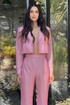 Shop_Label Frow_Pink Shimmer Polyester Lapel Collar Crop Blazer And Pant Set _at_Aza_Fashions