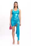 Shop_Label Frow_Blue Metallic Lycra Round Gathered Dress _Online_at_Aza_Fashions