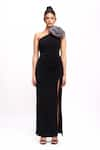 Buy_Label Frow_Black Banana Crepe Embellished Flower Asymmetric Elizabeth Gown _at_Aza_Fashions