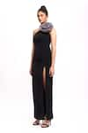 Buy_Label Frow_Black Banana Crepe Embellished Flower Asymmetric Elizabeth Gown _Online_at_Aza_Fashions