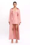 Buy_Label Frow_Peach Liquid Satin Shirt Collar Long Cape And Dress Set _at_Aza_Fashions