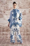 Buy_Rajdeep Ranawat_Blue Silk Print Floral Stand Collar Flower Tunic With Pant  _at_Aza_Fashions