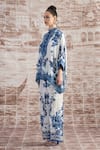 Shop_Rajdeep Ranawat_Blue Silk Print Floral Stand Collar Flower Tunic With Pant  _Online_at_Aza_Fashions