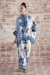 Rajdeep Ranawat_Blue Silk Print Floral Stand Collar Flower Tunic With Pant  _at_Aza_Fashions