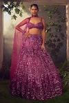 Buy_Aneesh Agarwaal_Magenta Net Hand Embroidered Sequins Plunged Sweetheart Bridal Lehenga Set _at_Aza_Fashions