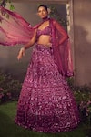 Aneesh Agarwaal_Magenta Net Hand Embroidered Sequins Plunged Sweetheart Bridal Lehenga Set _Online_at_Aza_Fashions