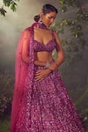 Buy_Aneesh Agarwaal_Magenta Net Hand Embroidered Sequins Plunged Sweetheart Bridal Lehenga Set _Online_at_Aza_Fashions