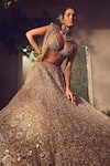 Aneesh Agarwaal_Gold Net Embroidered Dori Plunged Circular Motifs Bridal Lehenga Set_Online_at_Aza_Fashions