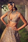 Buy_Aneesh Agarwaal_Gold Net Embroidered Dori Plunged Circular Motifs Bridal Lehenga Set_Online_at_Aza_Fashions