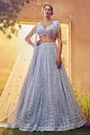 Buy_Aneesh Agarwaal_Blue Net Hand Embroidered Sequins Plunged Linear Bridal Lehenga Set _at_Aza_Fashions