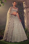 Buy_Aneesh Agarwaal_Green Organza Embellished Sequin Plunged V Neck Pearl And Bridal Lehenga Set_Online_at_Aza_Fashions