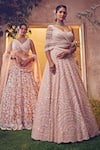 Aneesh Agarwaal_Pink Net Embroidered Sequin And Japanese Bugle Bead Scallop Bridal Lehenga Set_Online_at_Aza_Fashions