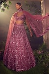 Buy_Aneesh Agarwaal_Purple Net Embroidered Sequin And Japanese Floral Geometric Bridal Lehenga Set _at_Aza_Fashions