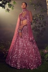 Aneesh Agarwaal_Purple Net Embroidered Sequin And Japanese Floral Geometric Bridal Lehenga Set _Online_at_Aza_Fashions