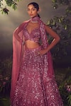 Buy_Aneesh Agarwaal_Purple Net Embroidered Sequin And Japanese Floral Geometric Bridal Lehenga Set _Online_at_Aza_Fashions