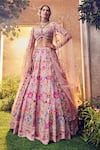 Buy_Aneesh Agarwaal_Pink Organza Embellished Sequin Scoop Neck Foliage Bead Bridal Lehenga Set _at_Aza_Fashions