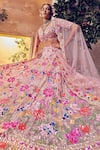 Buy_Aneesh Agarwaal_Pink Organza Embellished Sequin Scoop Neck Foliage Bead Bridal Lehenga Set _Online_at_Aza_Fashions